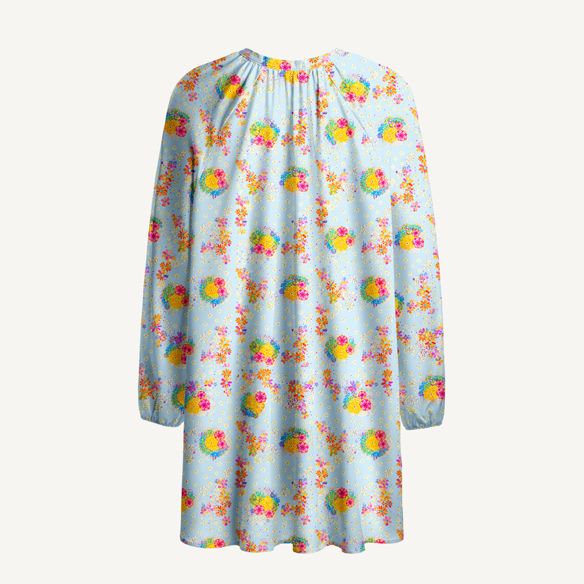 Sky Garden Blossoms Tie‑Neck Long Sleeve Mini Dress