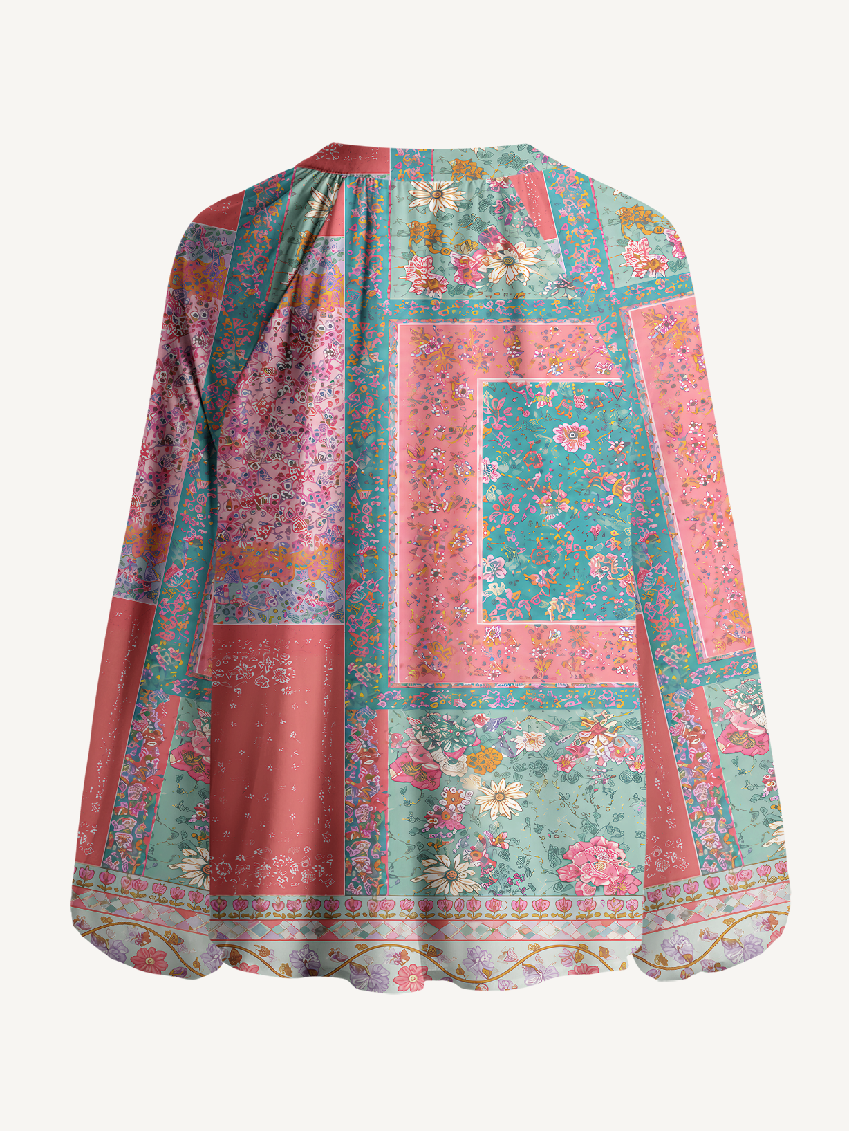 Coral Patchwork Garden Print Boho Long Sleeve Tie‑Neck Blouse