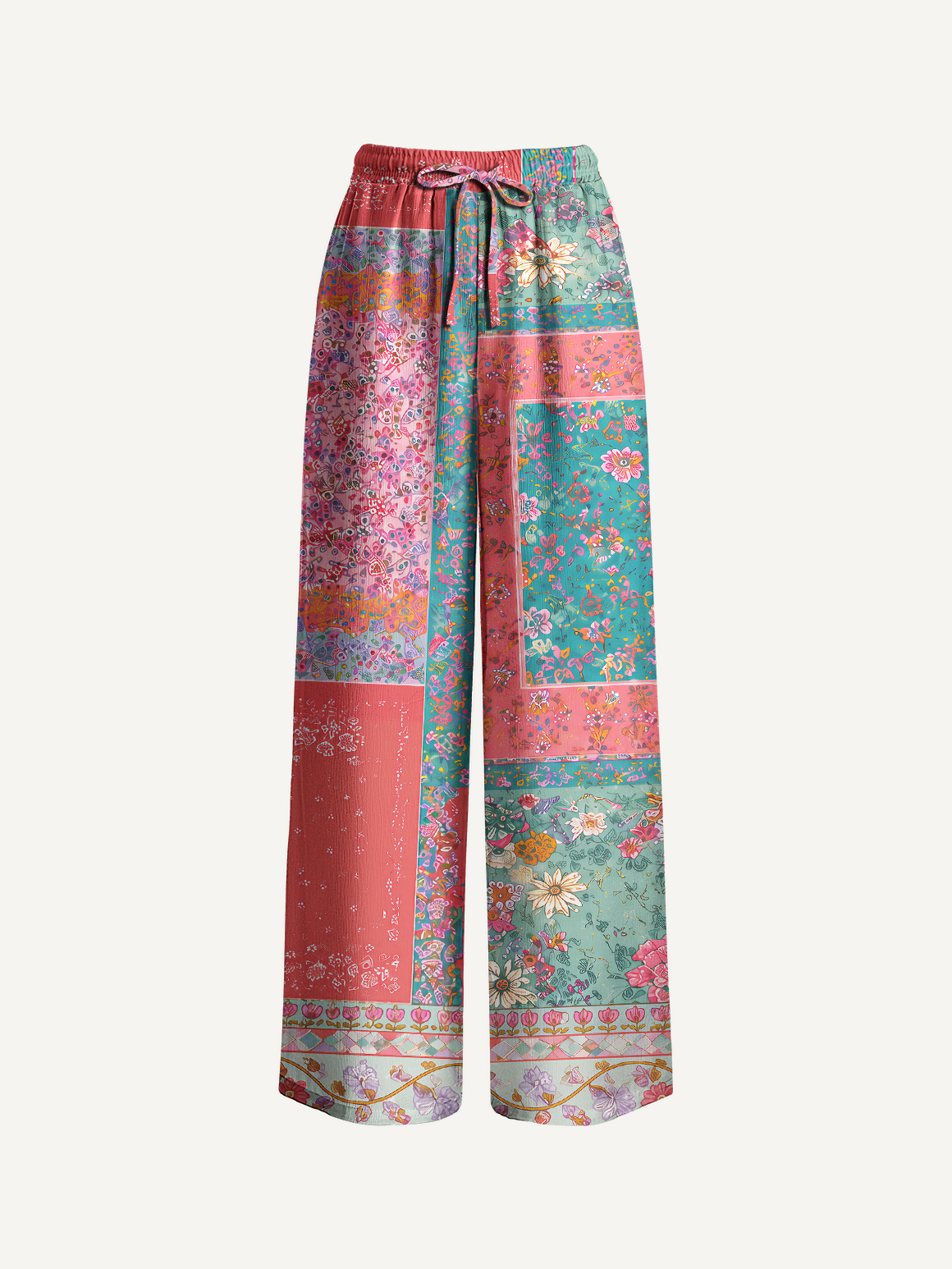 Coral Patchwork Garden Pants For Women With Pockets
