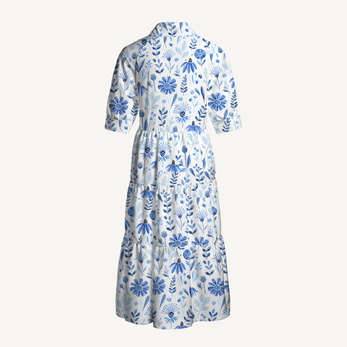 Blue Garden Bloom Elbow-Length Sleeve Midi Dress