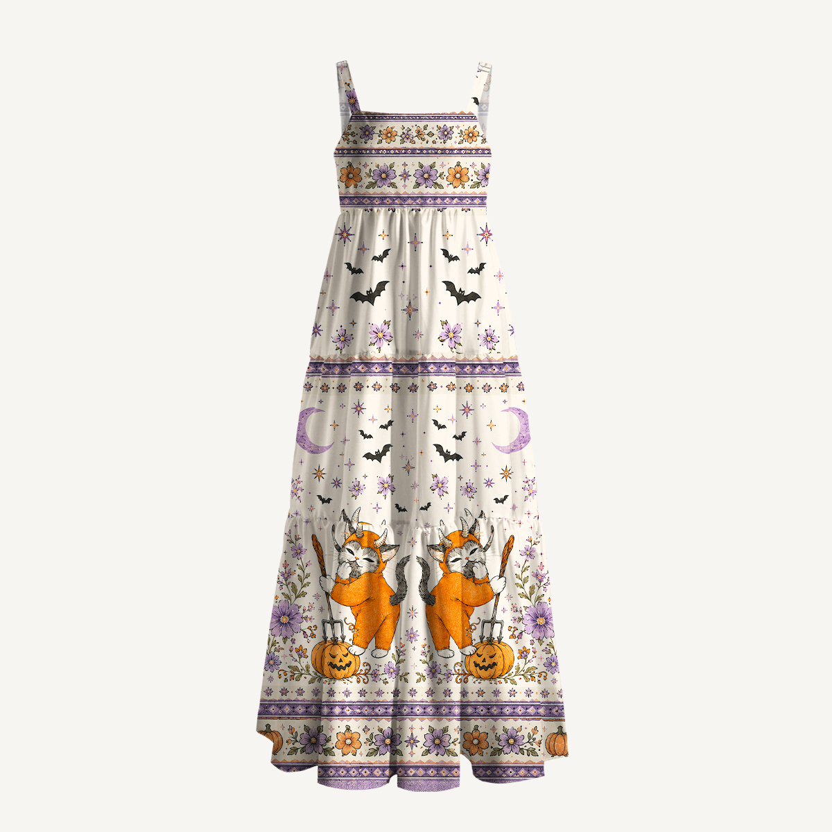 Halloween Cat Pumpkin Moon Floral Strap Maxi Dress With Pockets