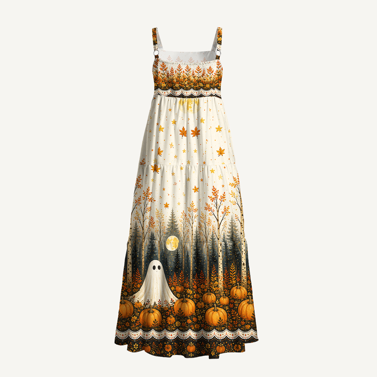 Autumn Ghost Pumpkin Forest Strap Maxi Dress With Pockets
