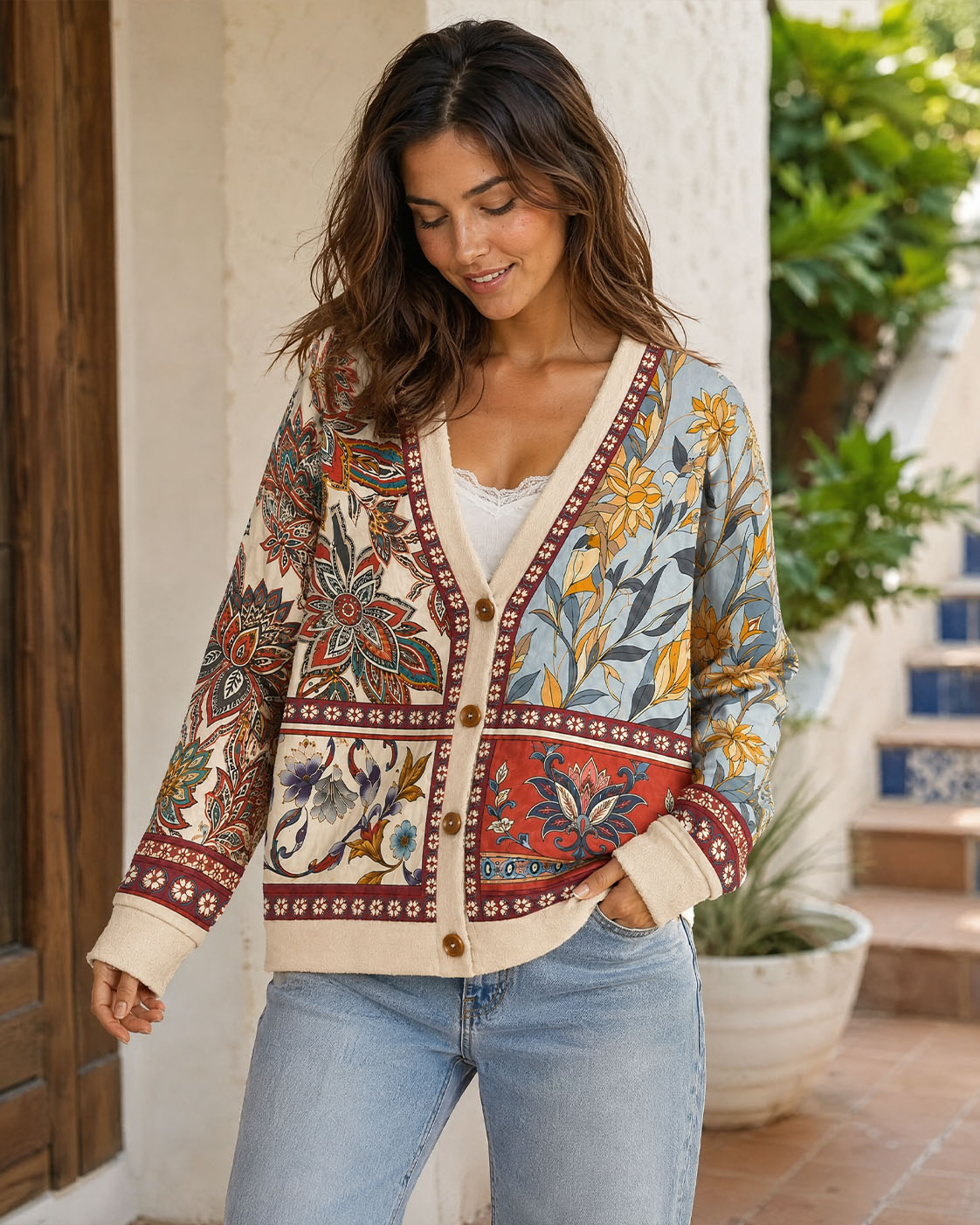 Vintage Floral Patchwork Print Boho Cardigan Sweaters