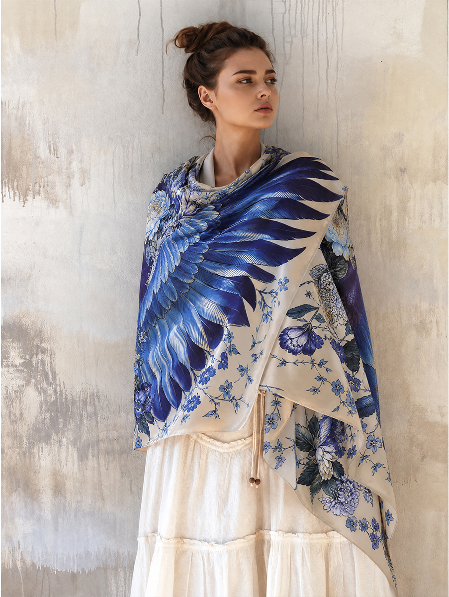 Romantic Blue Floral Wing Shawl