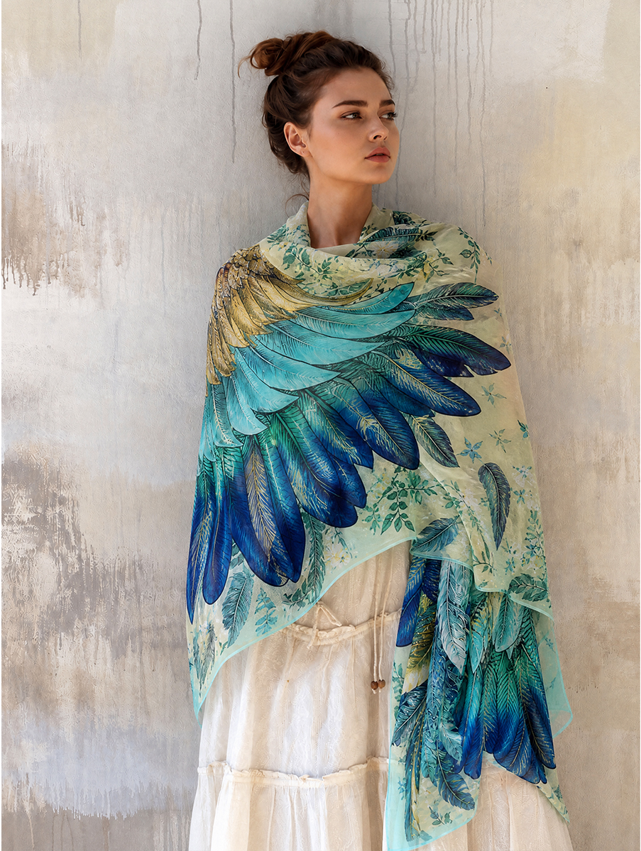 Bohemian Teal Feather Wing Shawl