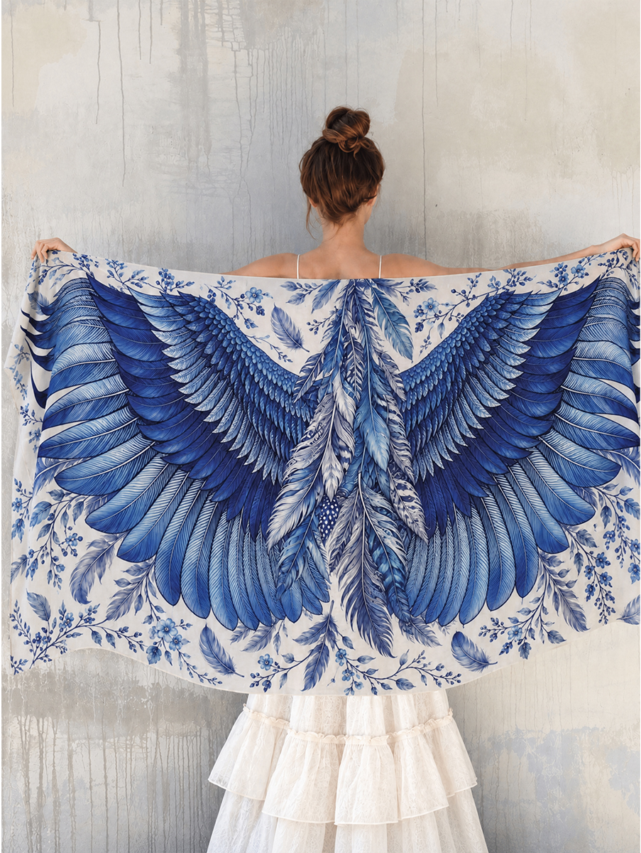 Vintage Blue Floral Feather Wing Shawl