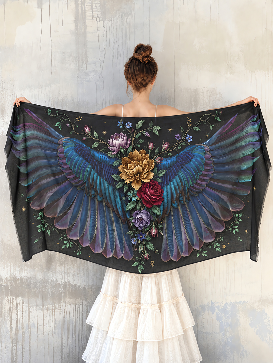 Gothic Floral Blue Feather Wings Shawl