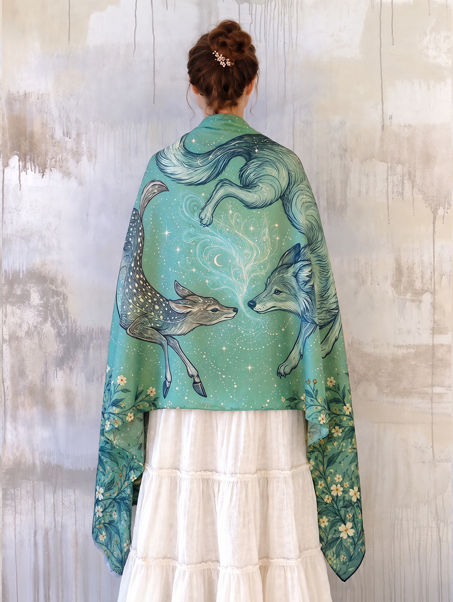 Mystic Woodland Fox & Deer Shawl
