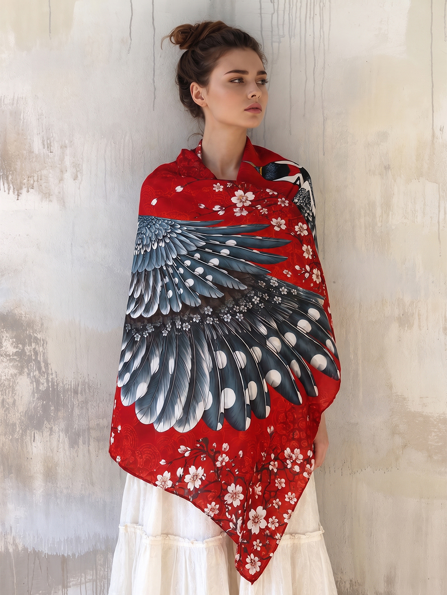 Red Blossom Feathered Bird Shawl