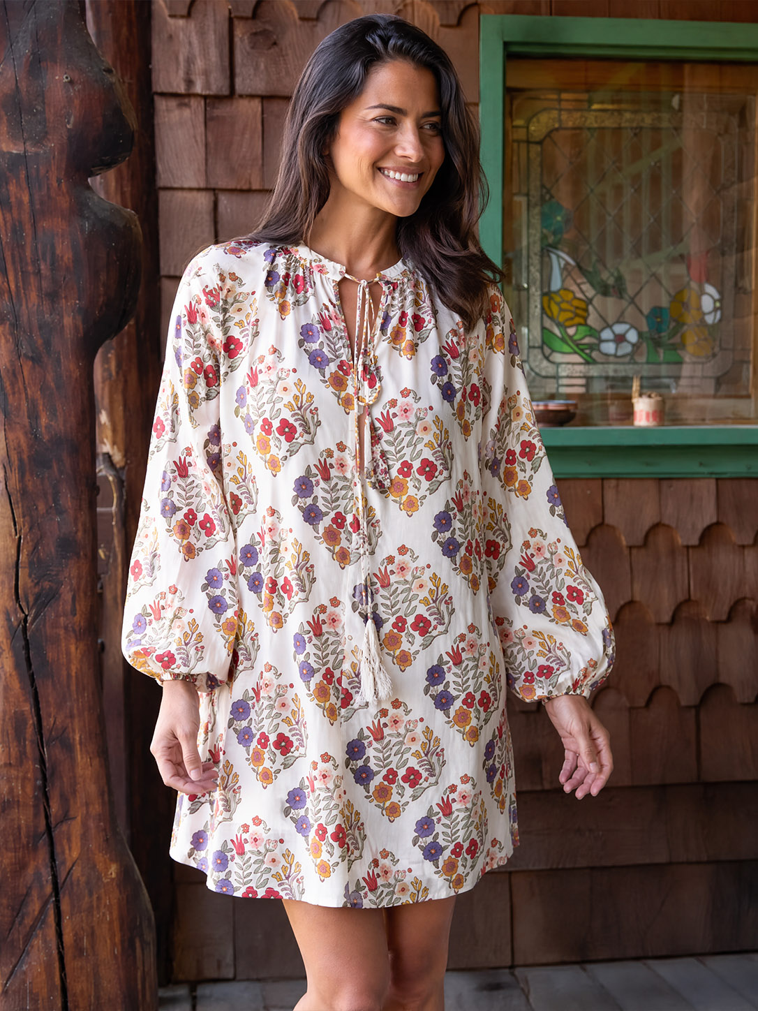 Autumn Posy Lattice Long Sleeve Mini Dress