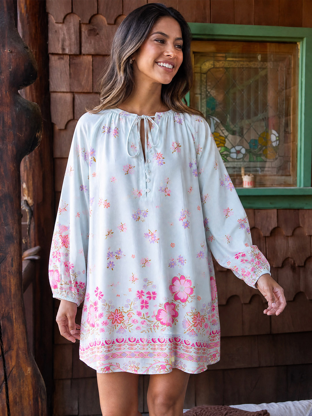 Pink Petal Cascade Long Sleeve Mini Dress