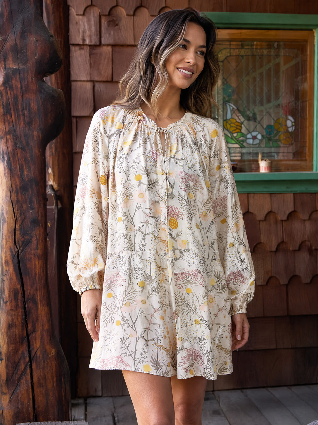 Yellow Wildflower Meadow Print Long Sleeve Mini Dress