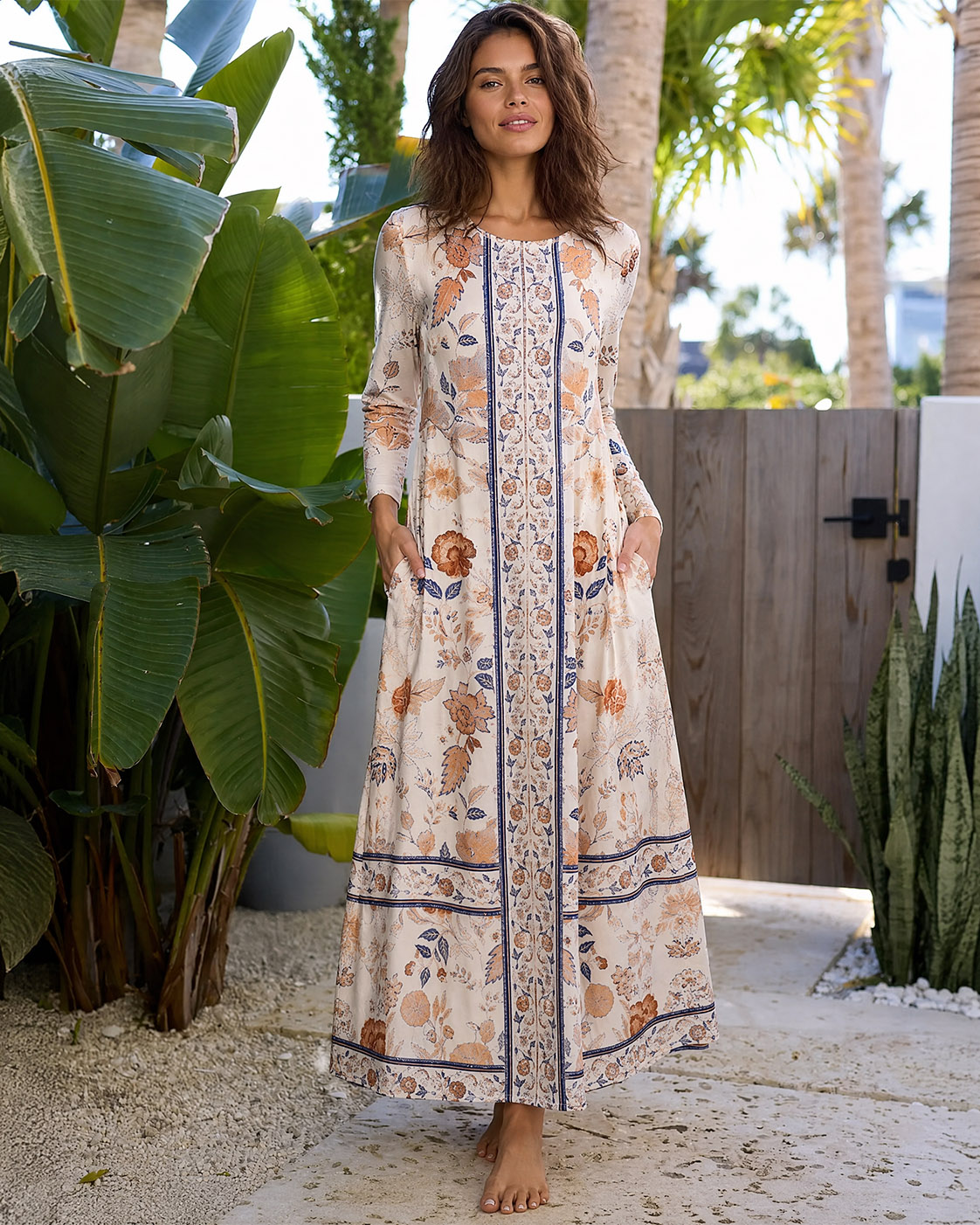 Floral Vine Print Long Sleeve Maxi Dress with Pockets