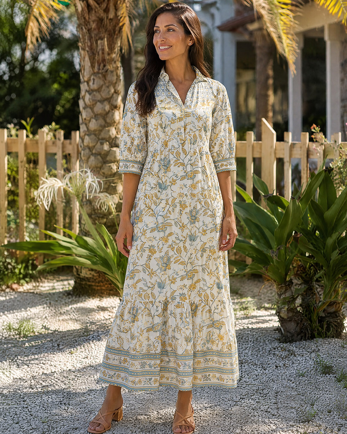 Soft Botanical Border Print Elbow-Length Sleeve Midi Dress