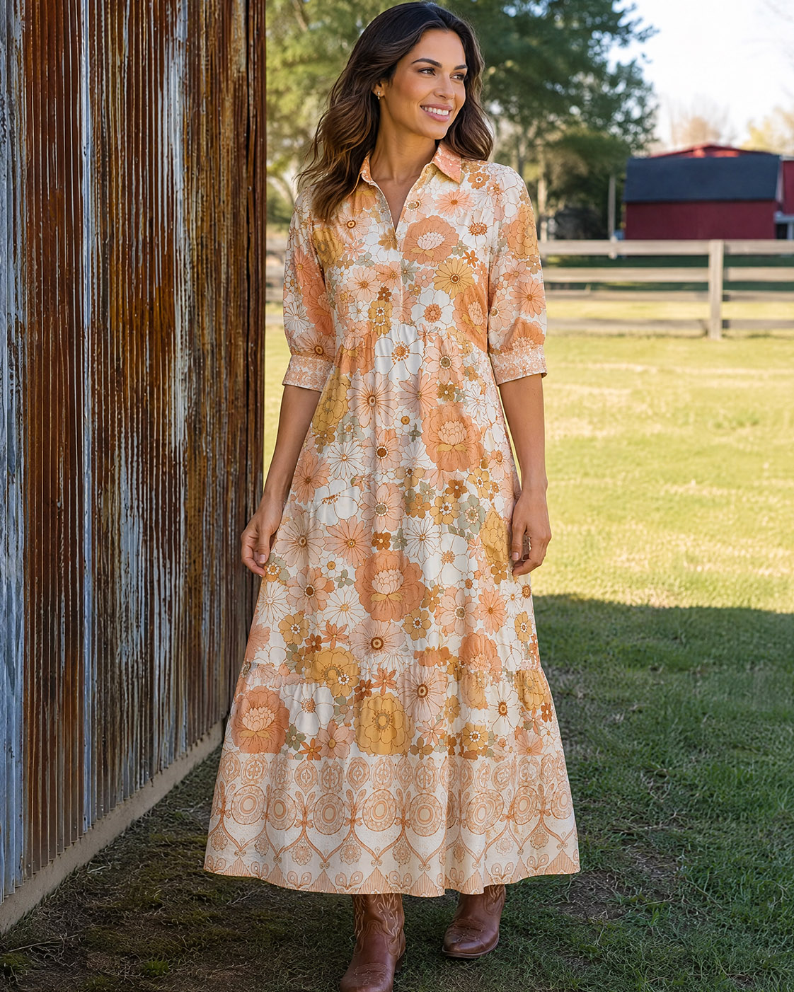 70s Groovy Boho Inspired Retro Floral Women Midi Dress With Pockets