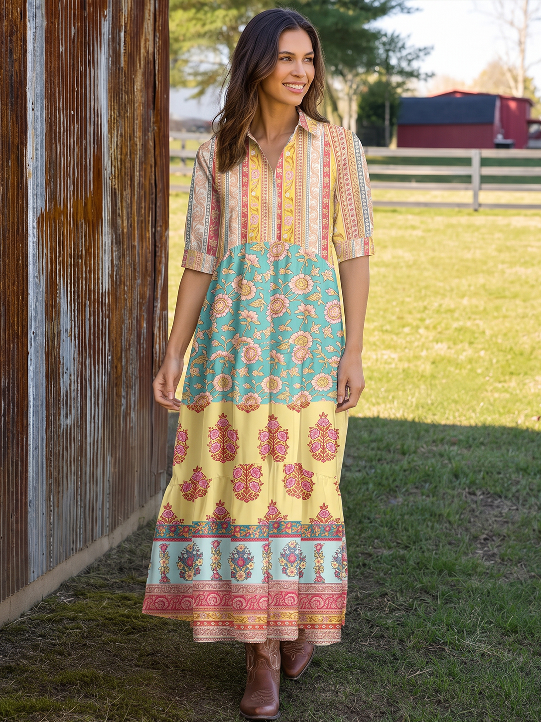 Paisley Inspired Pattern Elbow-Length Sleeve Women Maxi Dress With Pockets