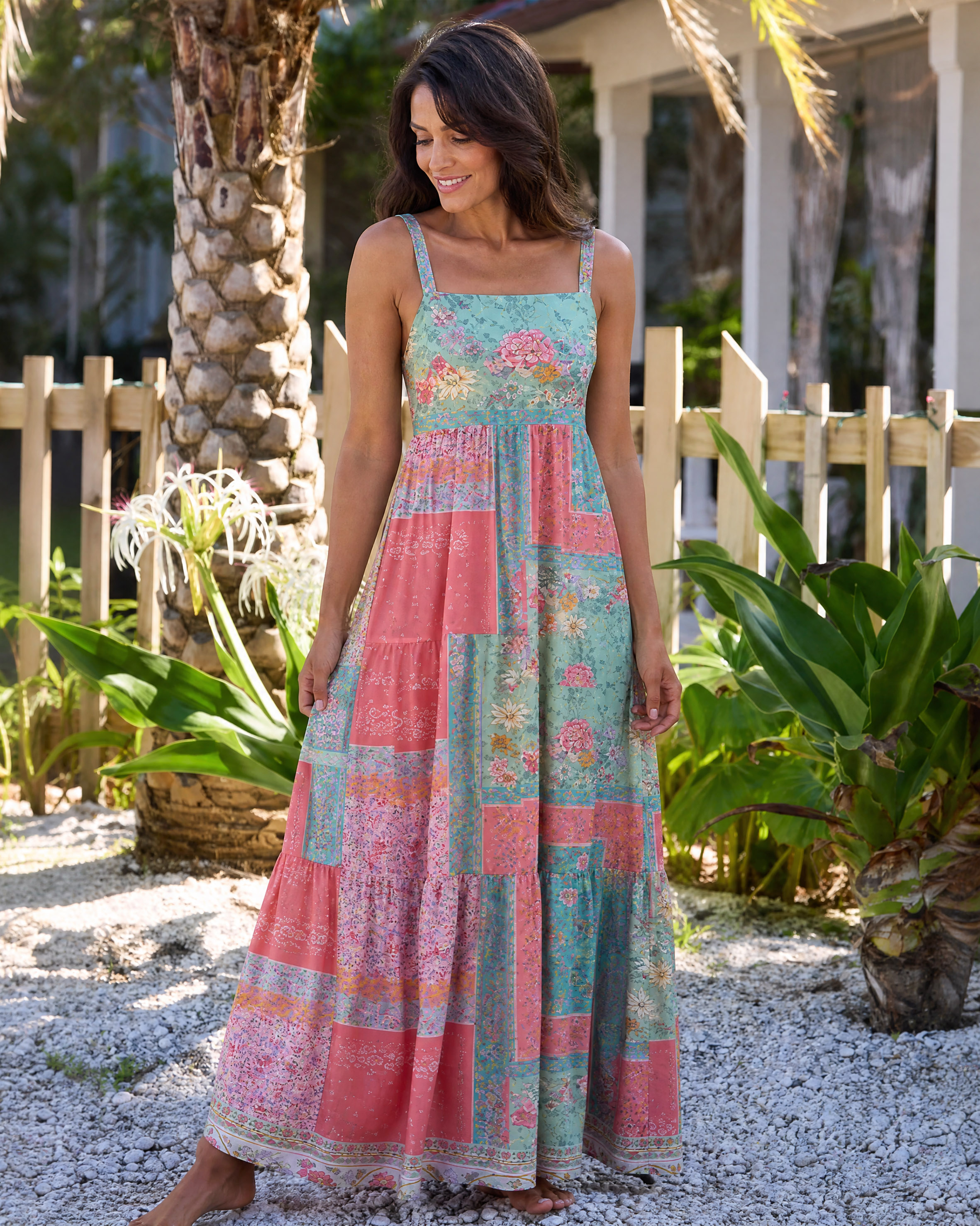 Coral Patchwork Garden Adjustable Strap Maxi Dress With Pockets