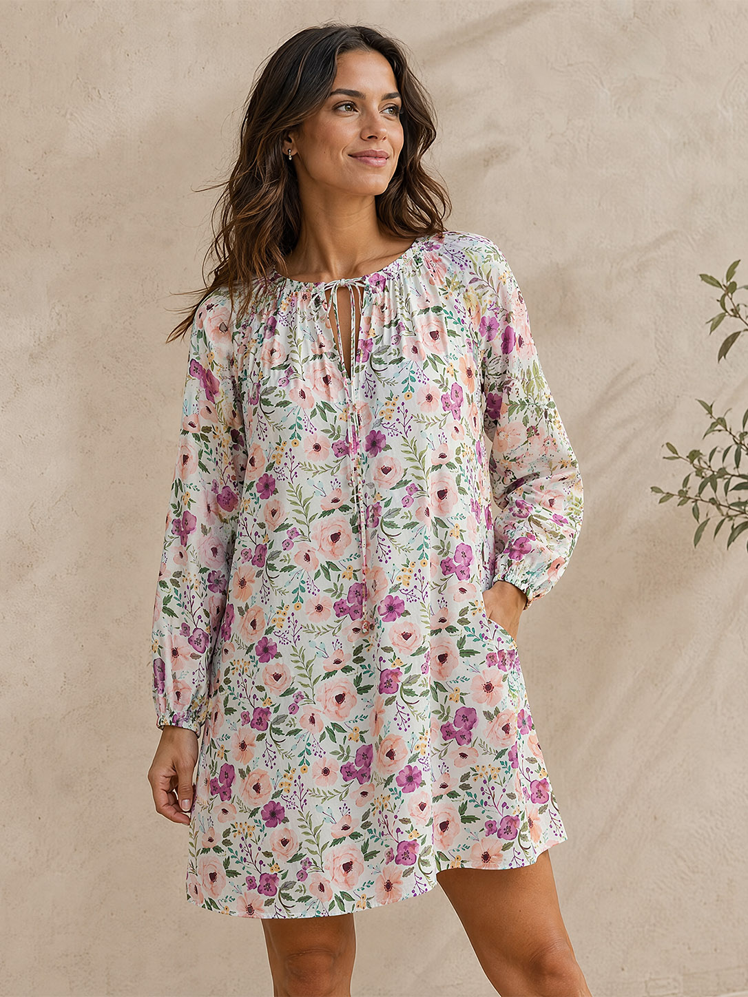 Pink and Purple Wildflower Tie‑Neck Long Sleeve Mini Dress For Women