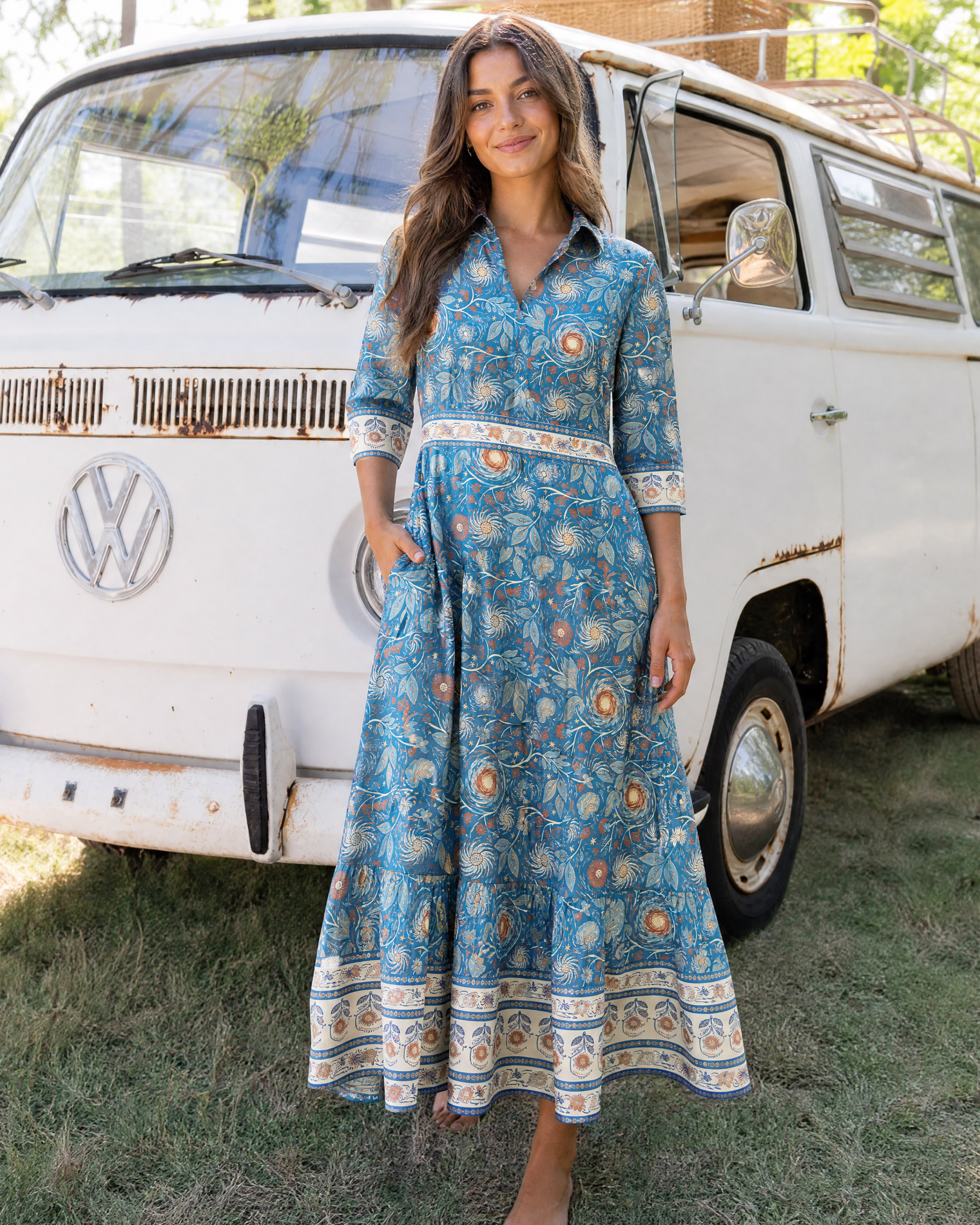Starry Night Swirl Floral Boho Elbow-Length Sleeve Midi Dress