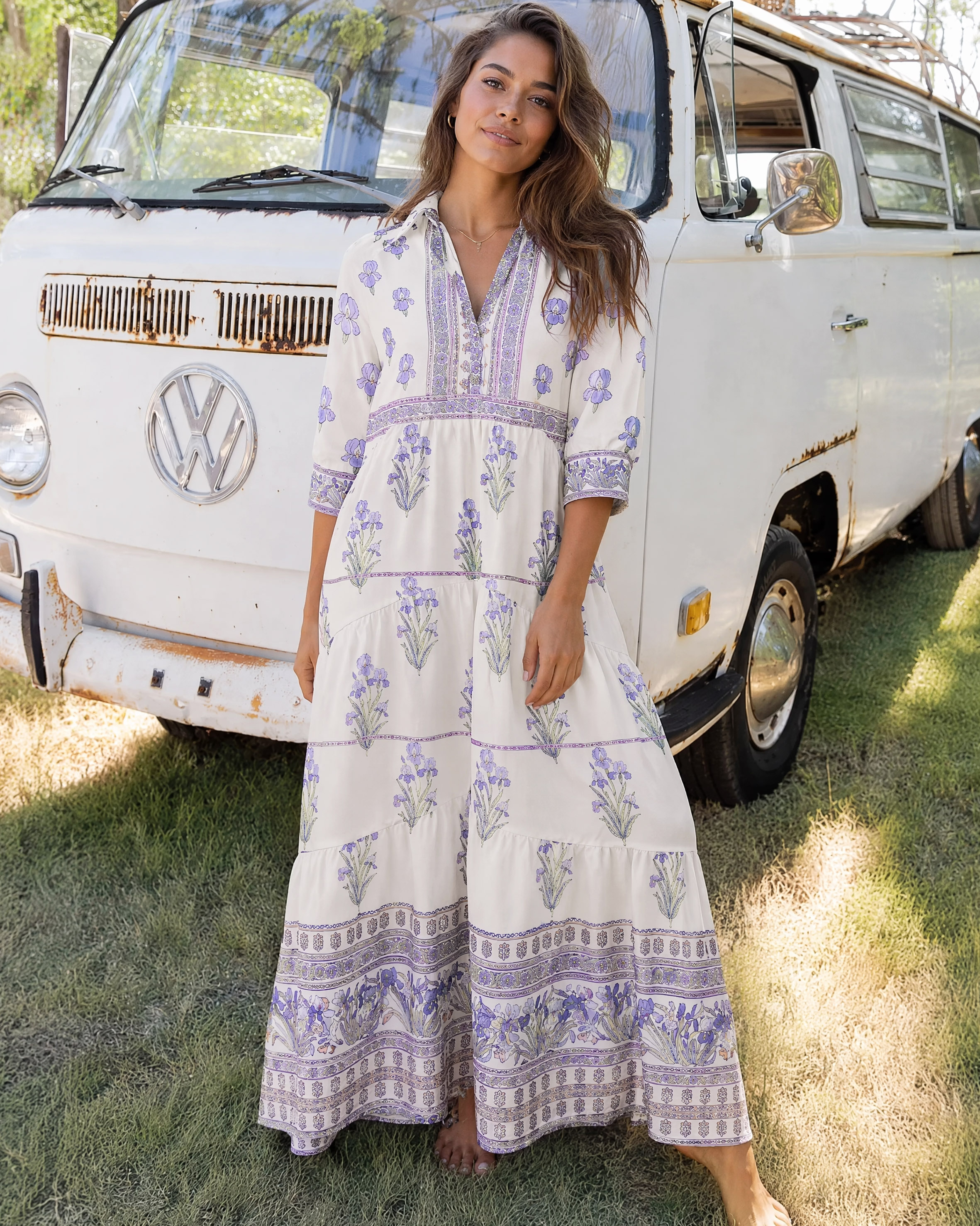 Purple Iris Botanical Border Elbow-Length Sleeve Midi Dress