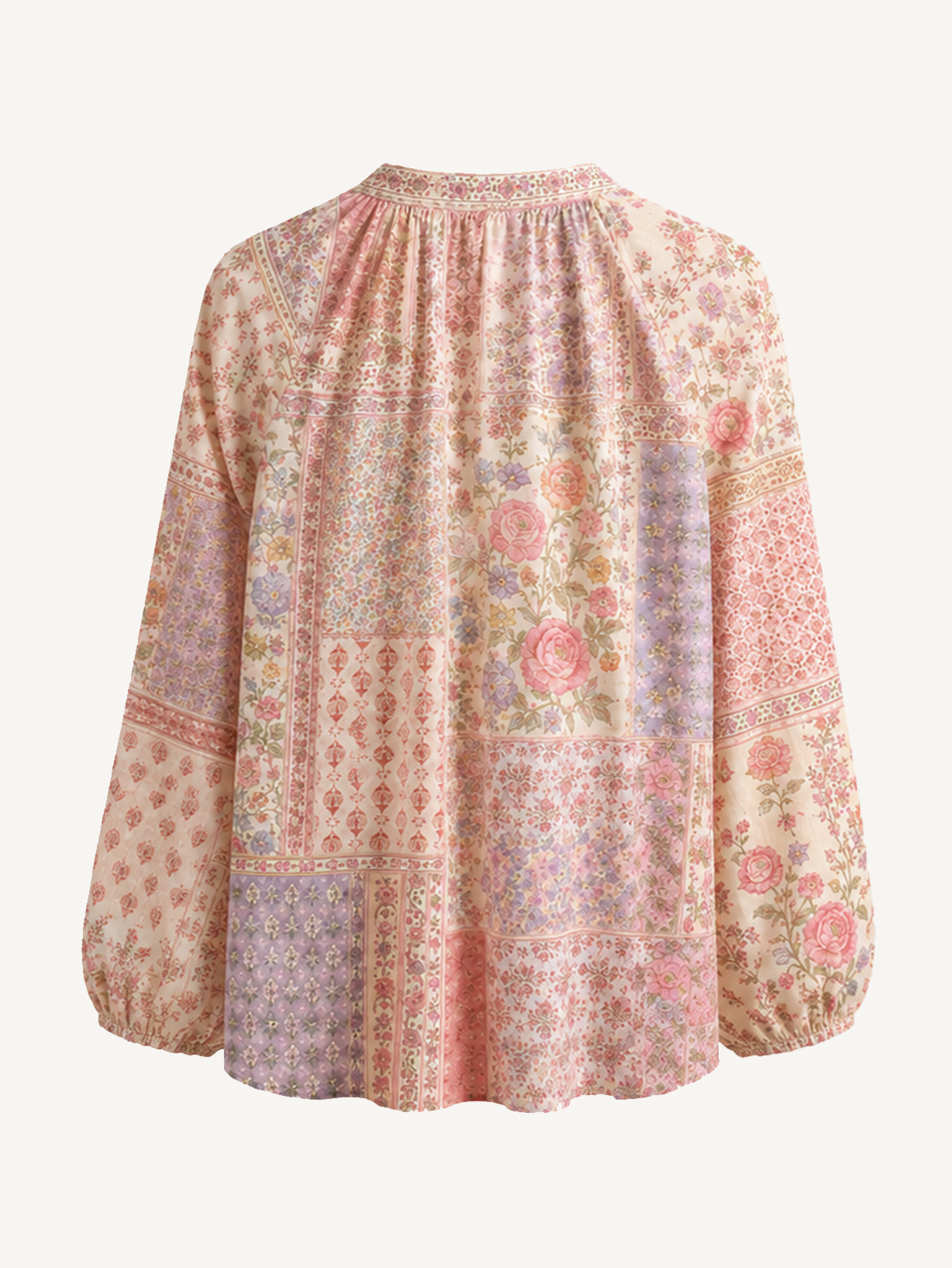 Vintage Rose Patchwork Floral Boho Long Sleeve Tie‑Neck Blouse