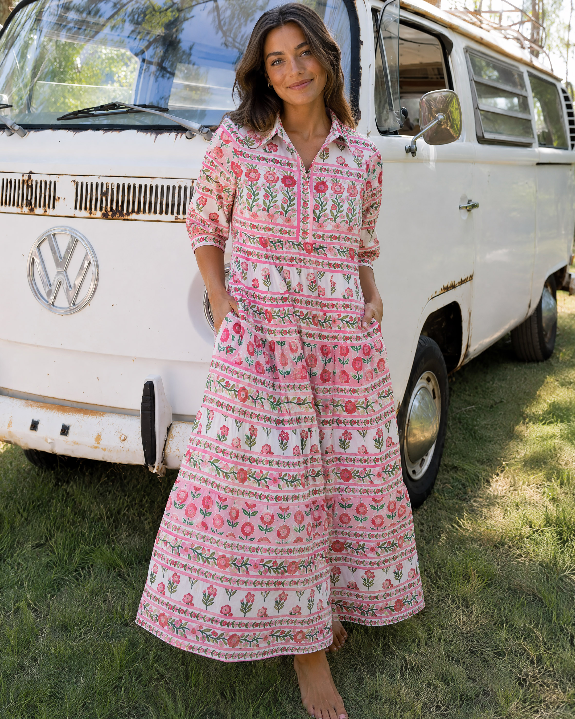 Rose Garden Stripe Floral Boho Elbow-Length Sleeve Midi Dress