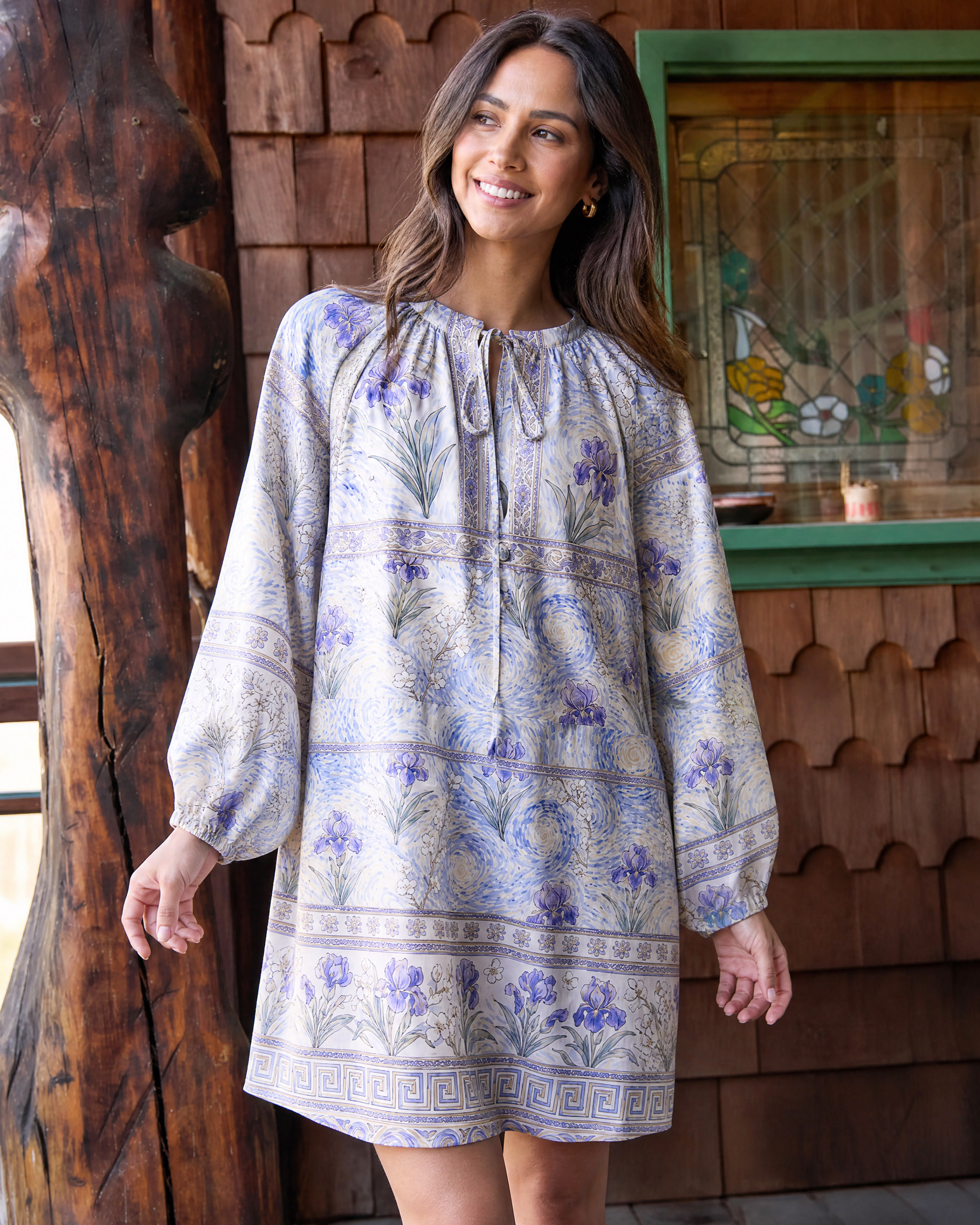 Starry Night Iris Flower Long Sleeve Mini Dress
