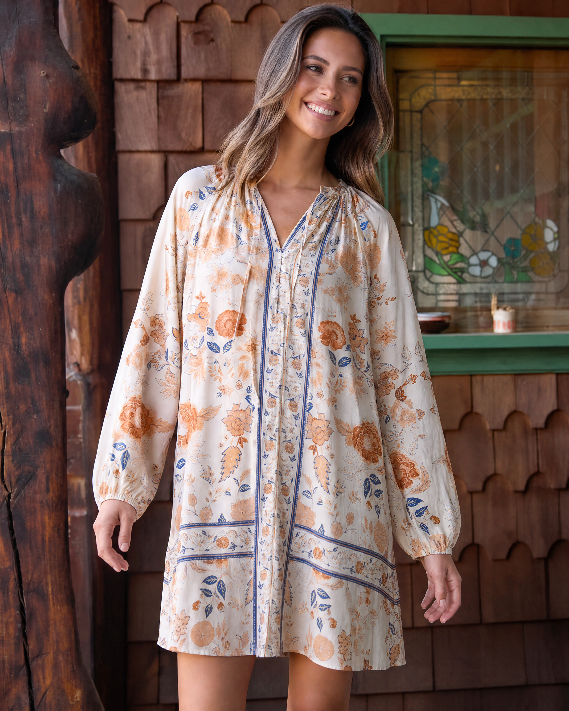 Floral Vine Print Tie‑Neck Long Sleeve Women Mini Dress
