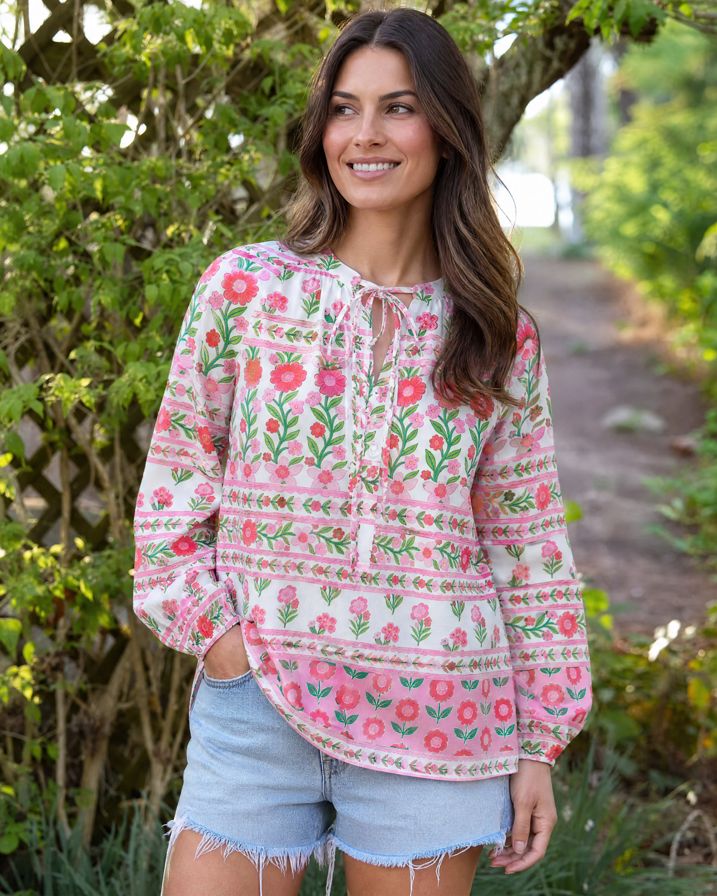 Rose Garden Stripe Floral Boho Long Sleeve Tie‑Neck Blouse