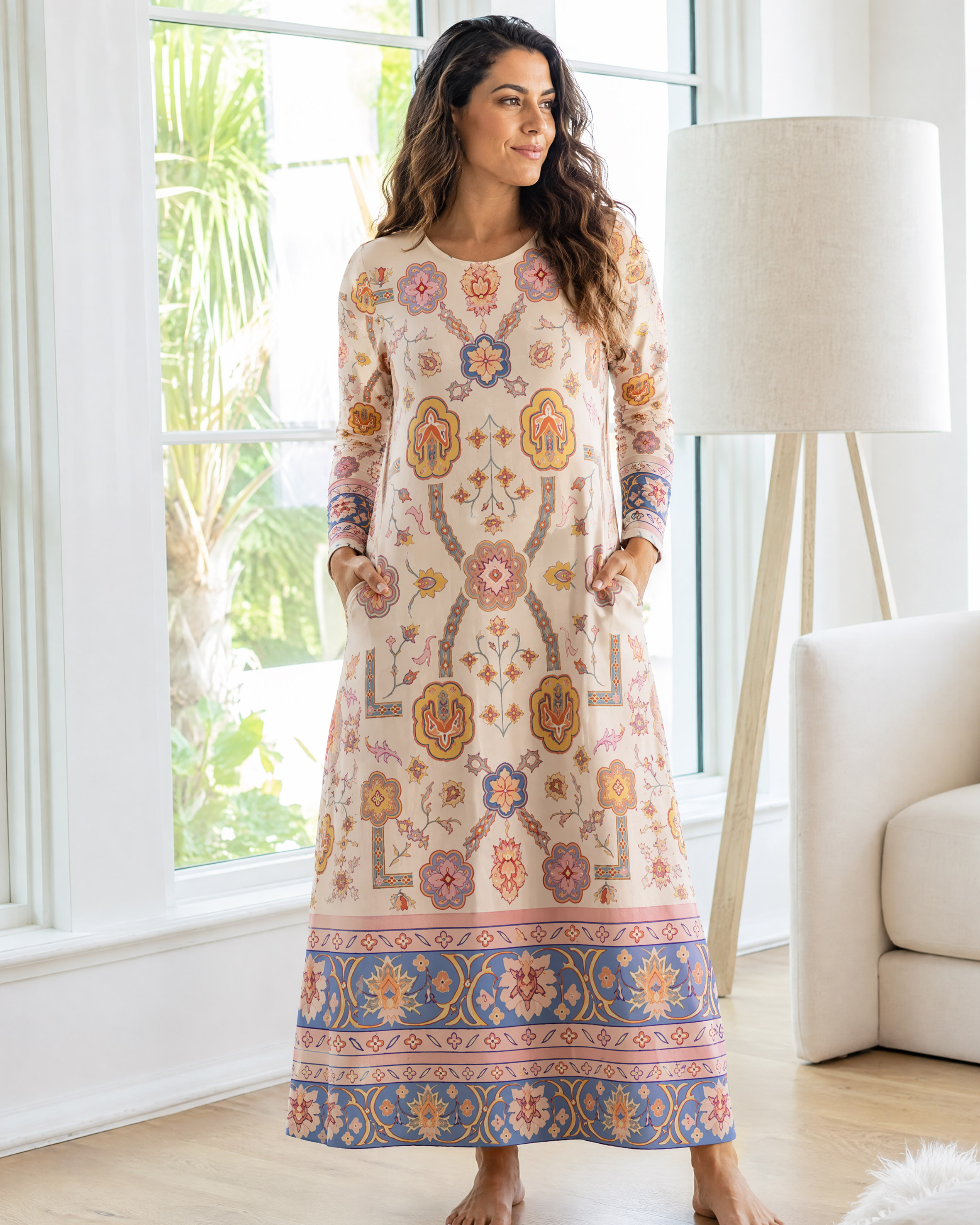 Boho Inspired Symmetrical Floral Long Sleeve Maxi Dress with Pockets