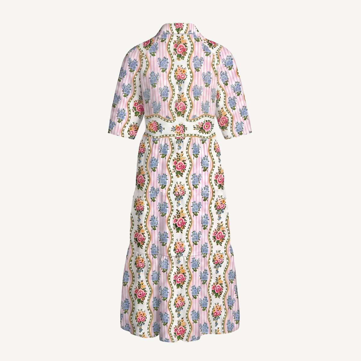 Pastel Floral Vine Border Print Boho Elbow-Length Sleeve Midi Dress