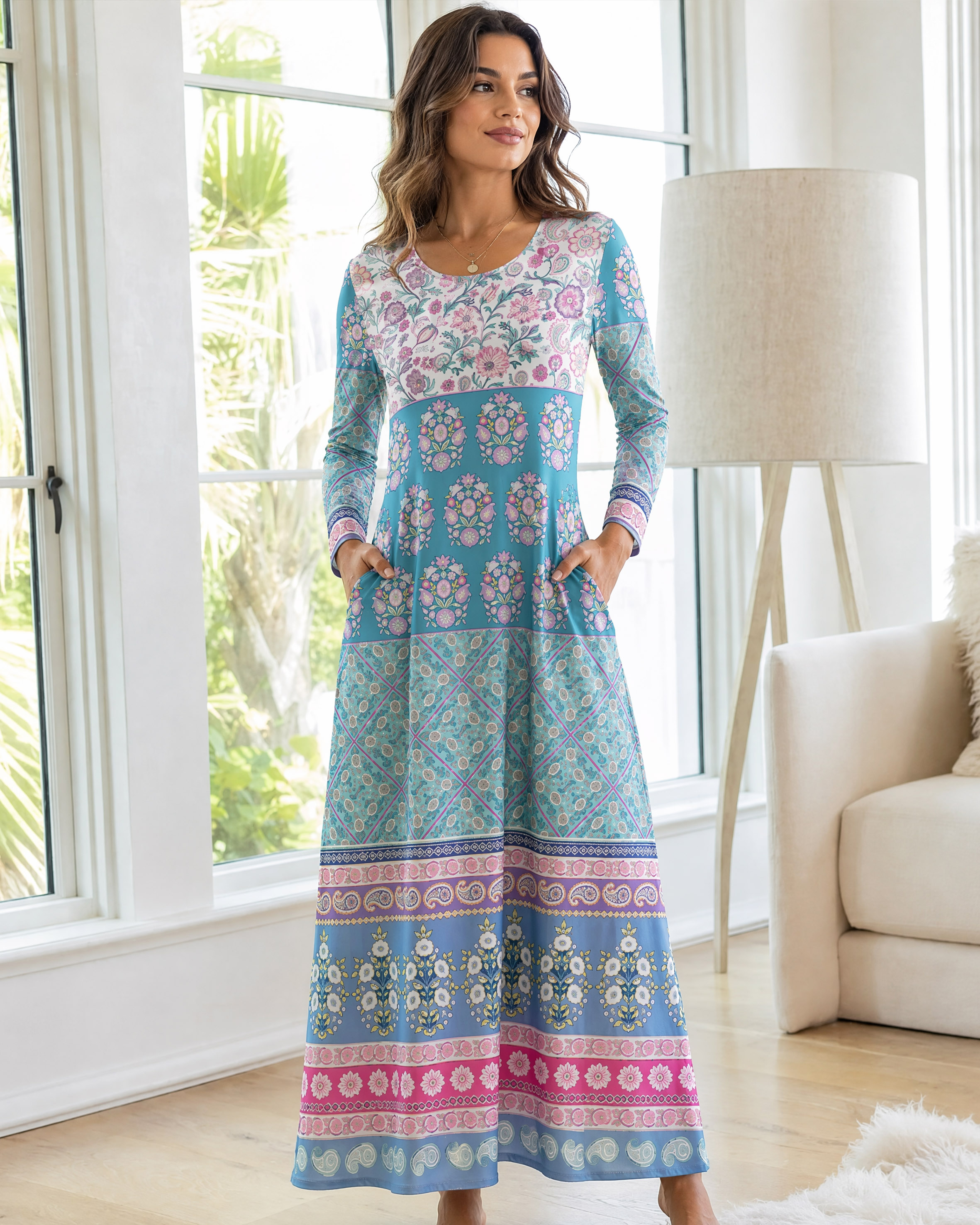 Pink Rose and Geometric Border Long Sleeve Maxi Dress with Pockets