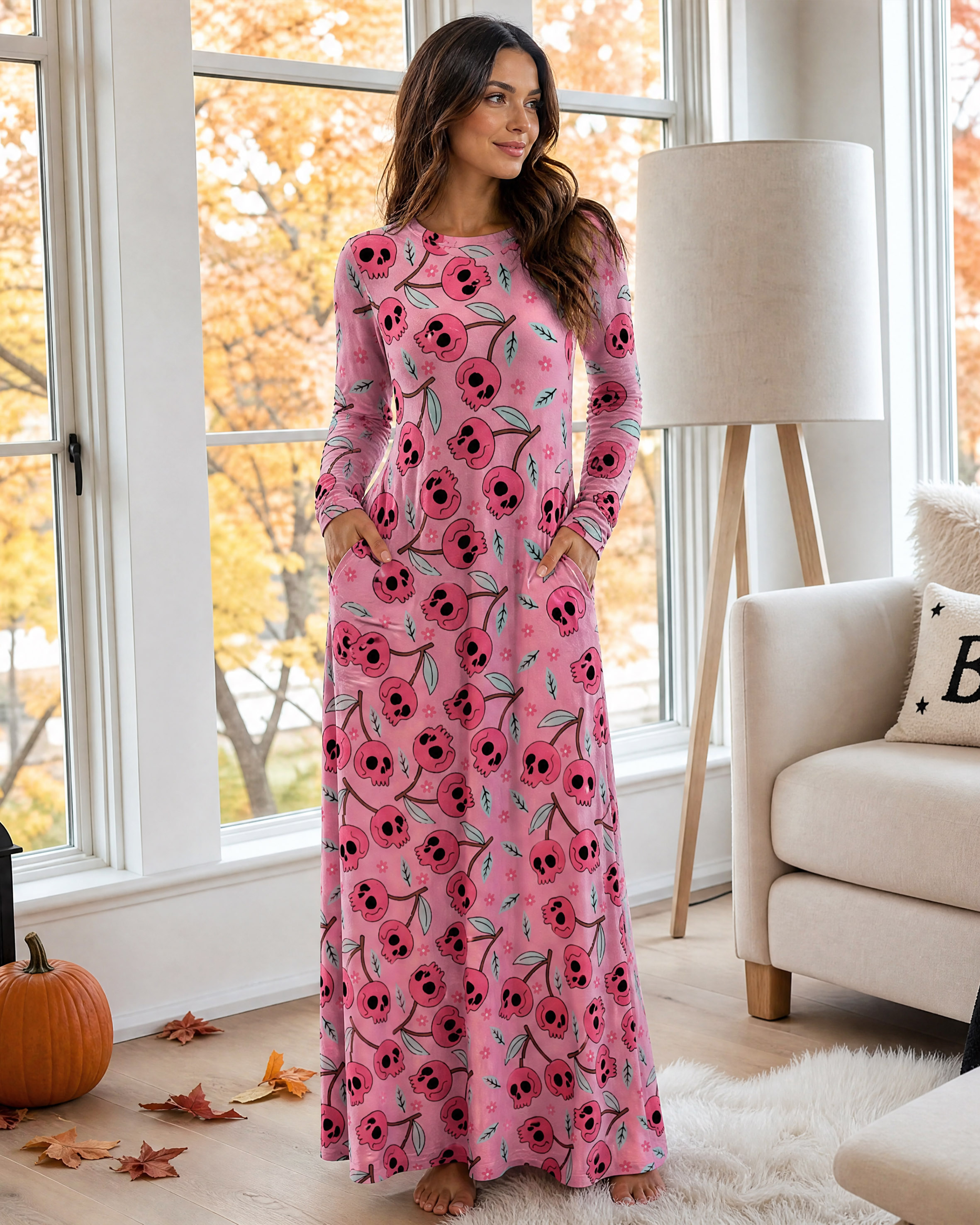 Pink Skull Blossom Halloween Long Sleeve Maxi Dress with Pockets