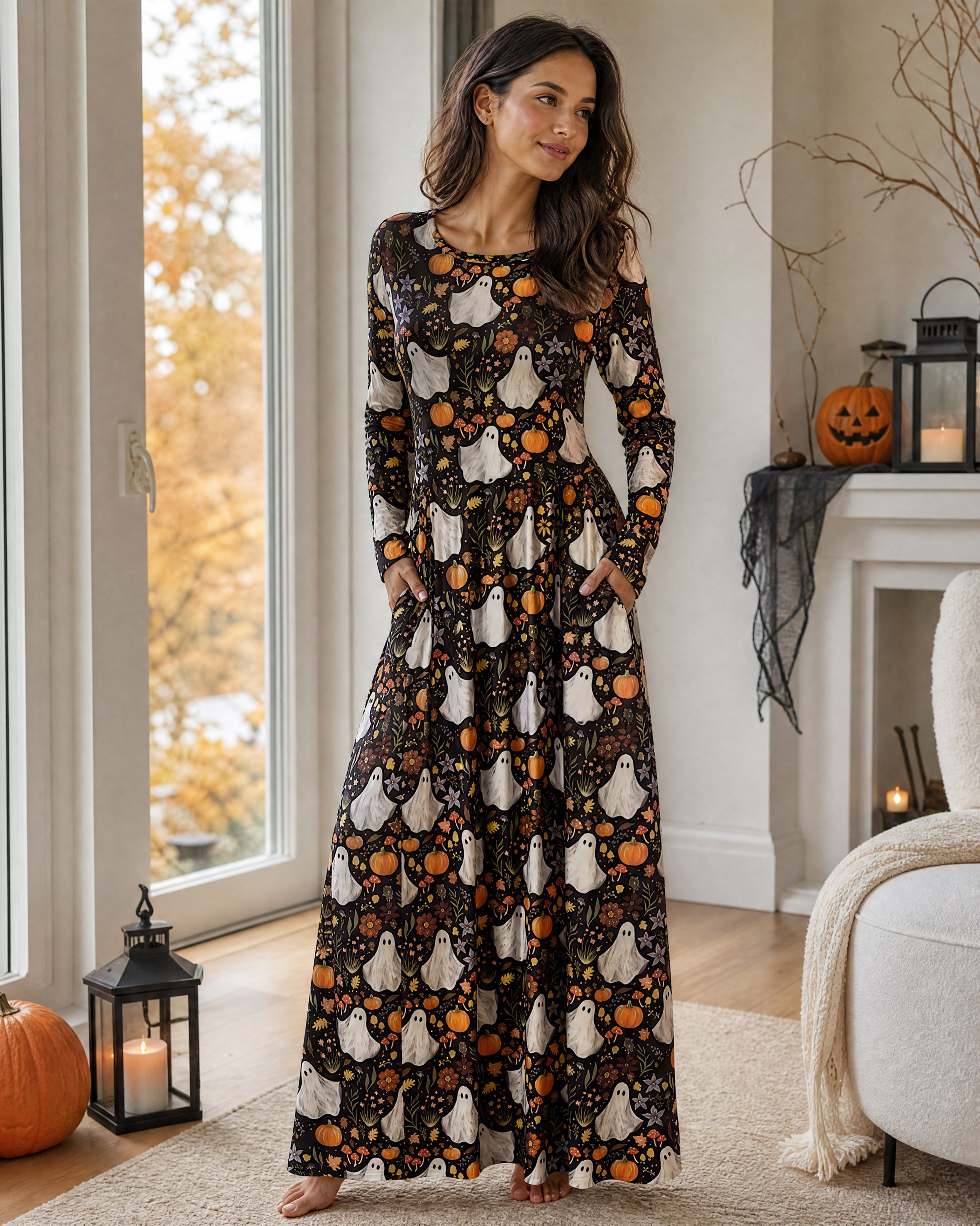 Midnight Pumpkin Ghost Garden Halloween Long Sleeve Maxi Dress with Pockets