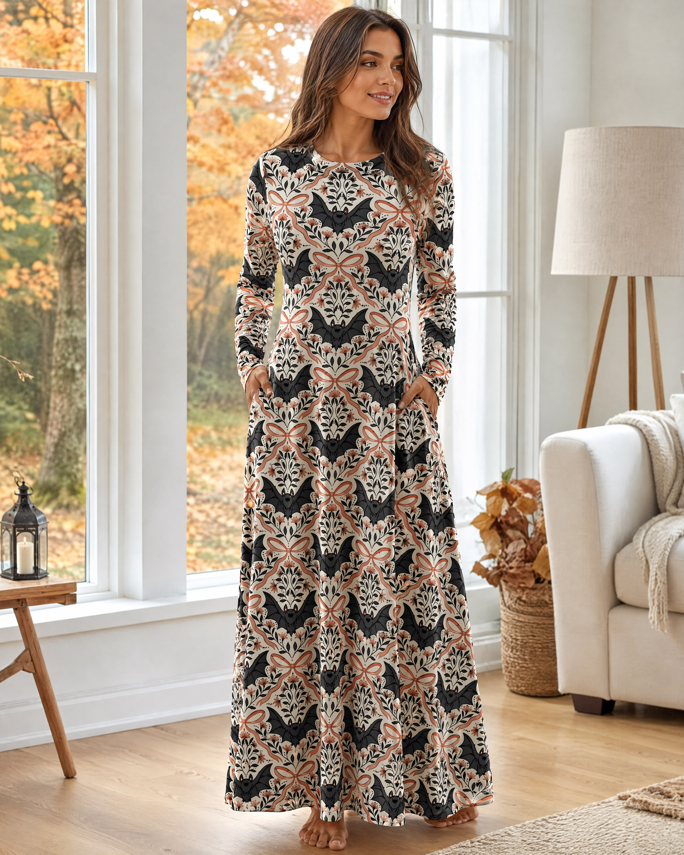 Vintage Bat Vine Halloween Boho Long Sleeve Maxi Dress with Pockets
