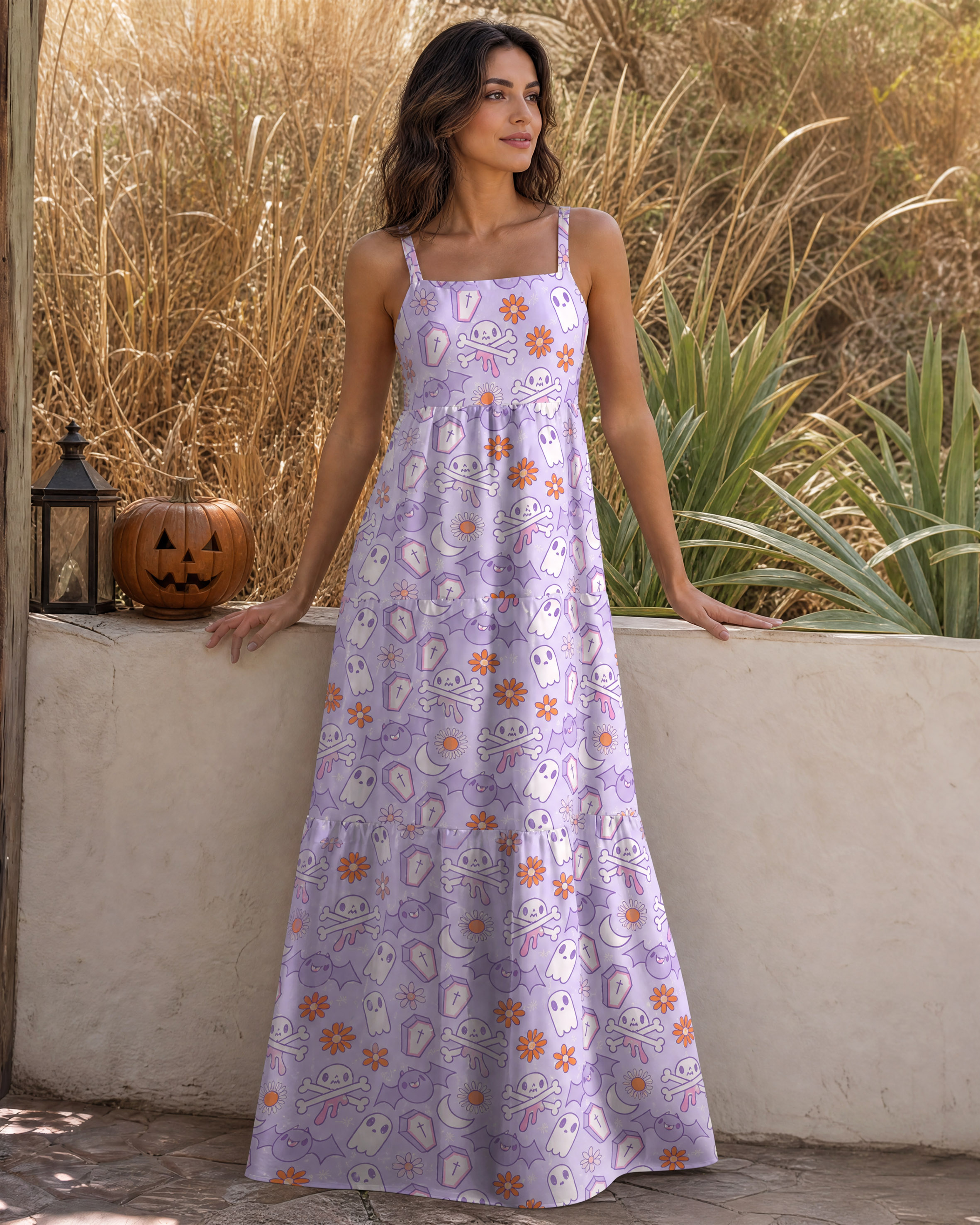 Lavender Ghost Garden Halloween Boho Strap Maxi Dress With Pockets