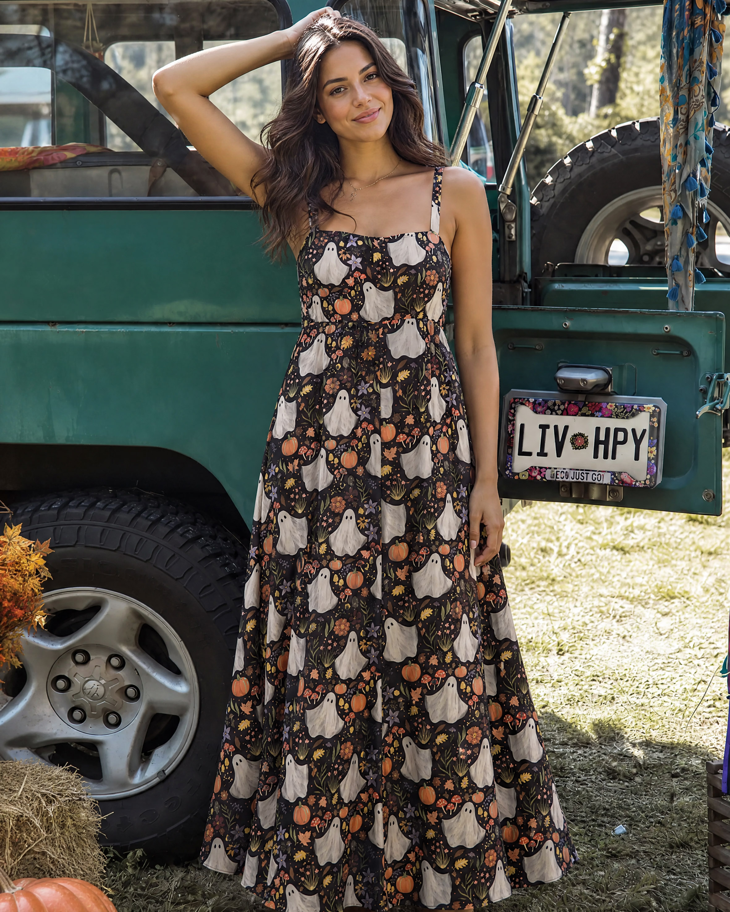 Midnight Pumpkin Ghost Garden Halloween Strap Maxi Dress With Pockets