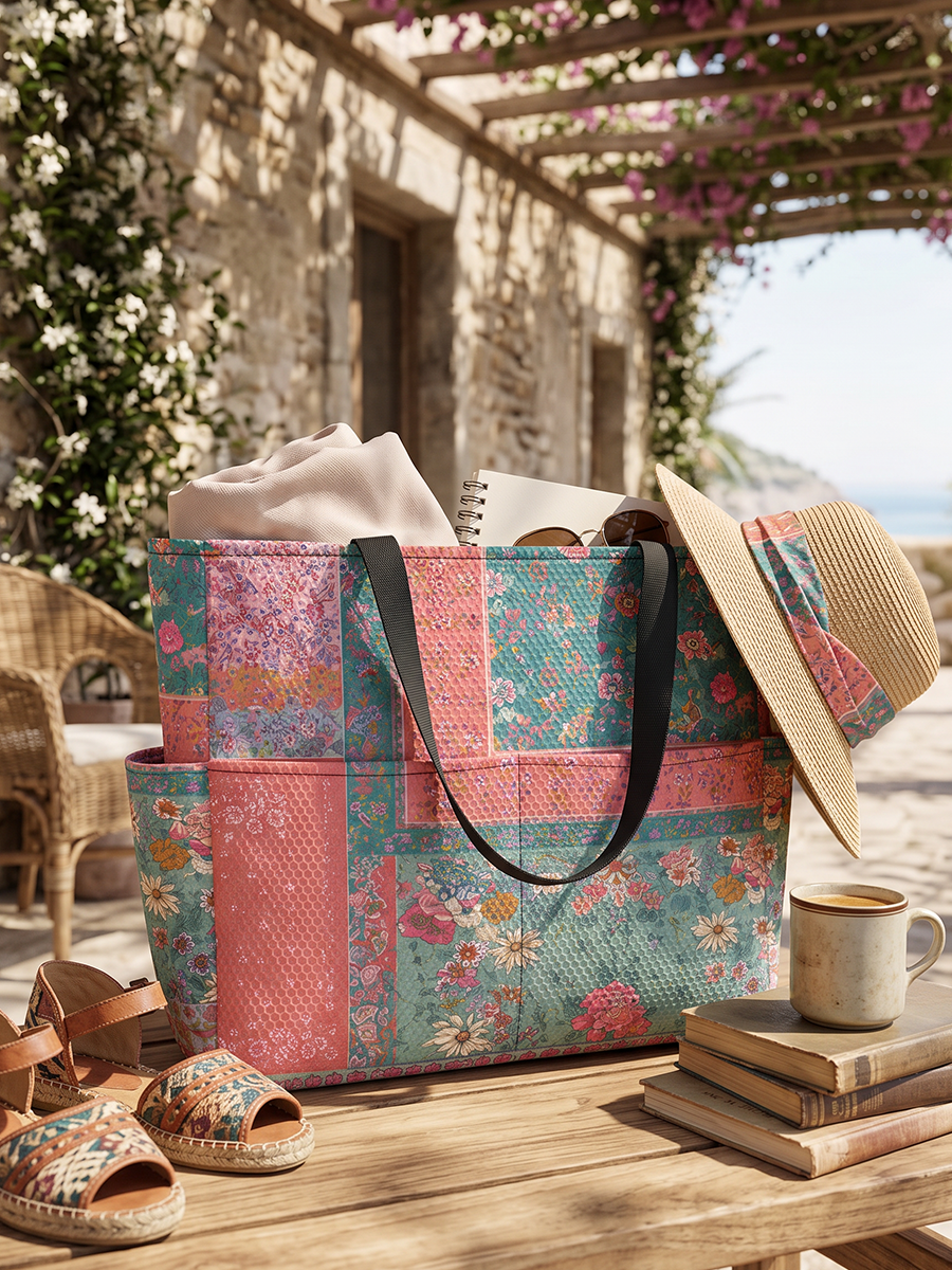 Coral Patchwork Garden Tote Bag