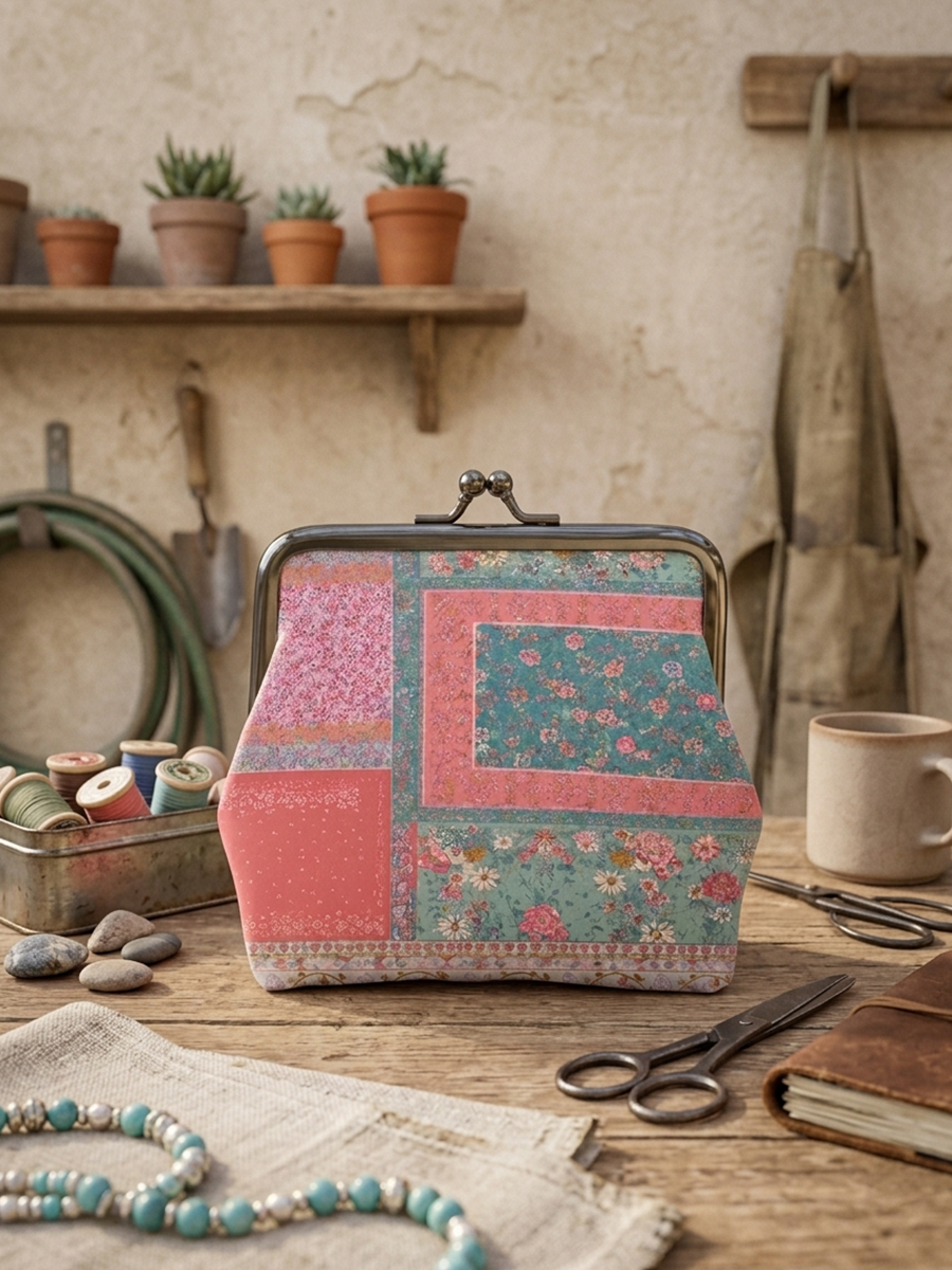 Coral Patchwork Garden Leather Mini Clasp Purse