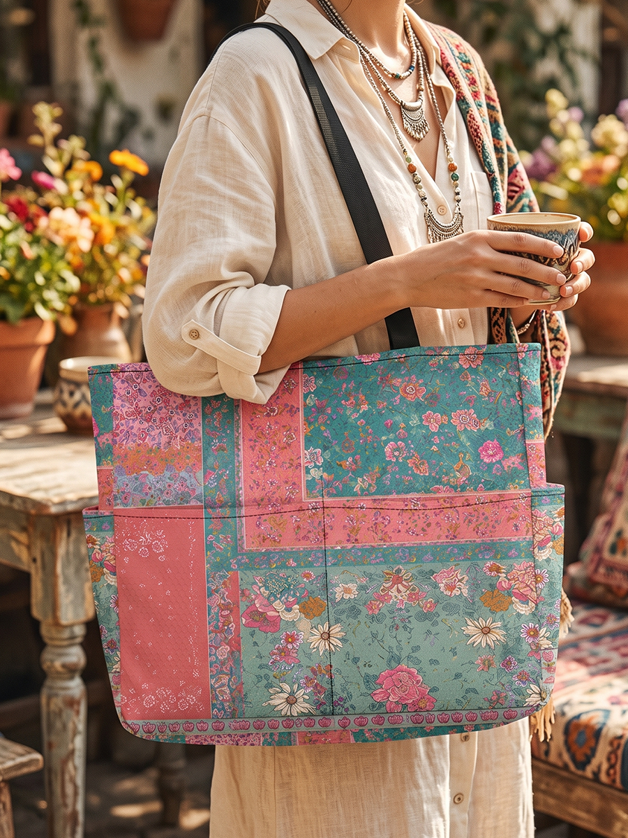 Coral Patchwork Garden Tote Bag