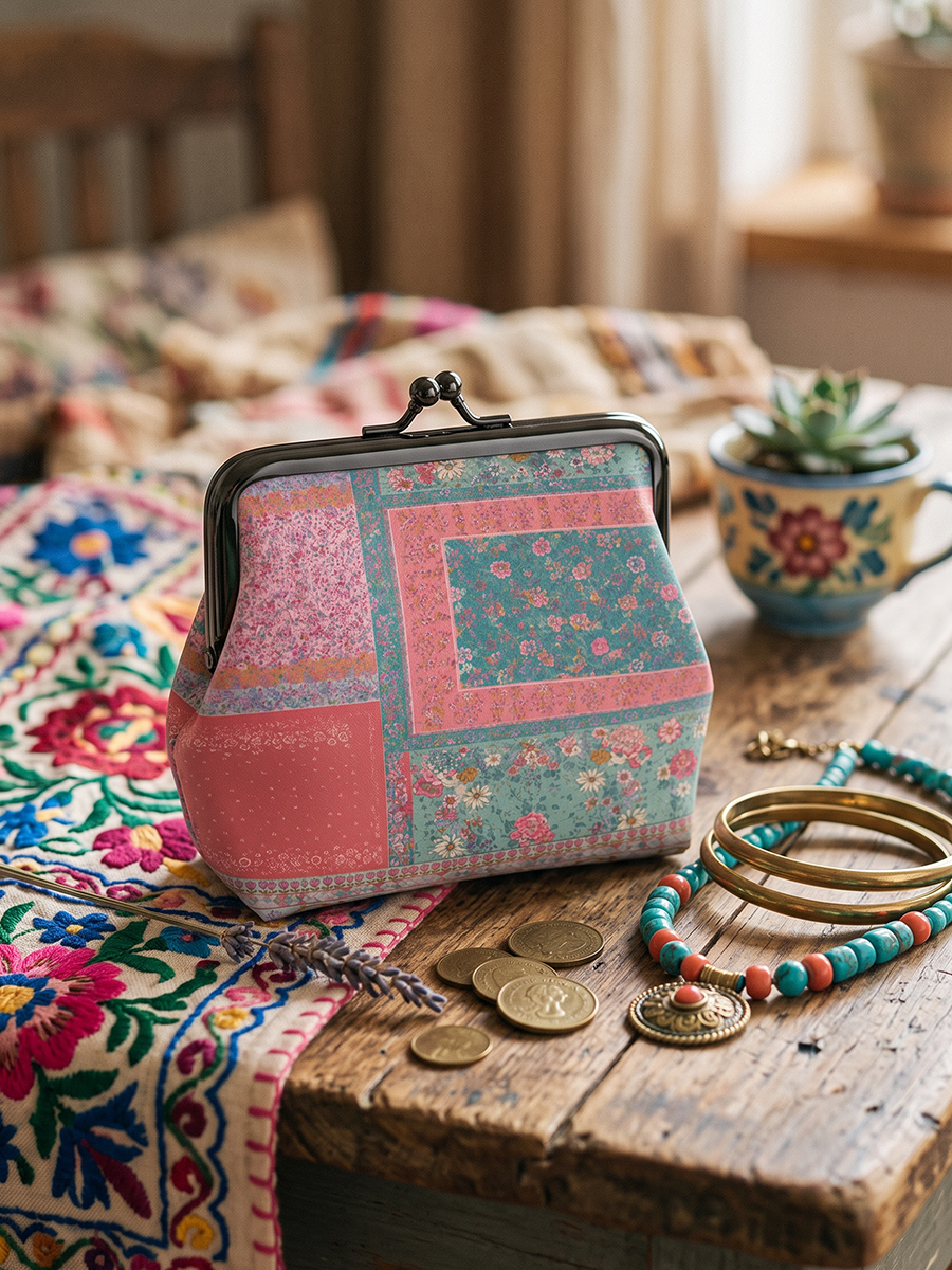 Coral Patchwork Garden Leather Mini Clasp Purse