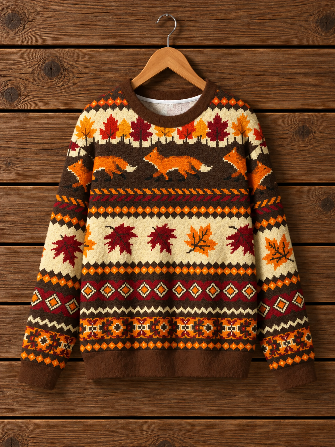 Fox Woodland Autumn Fuzzy Crewneck Sweater