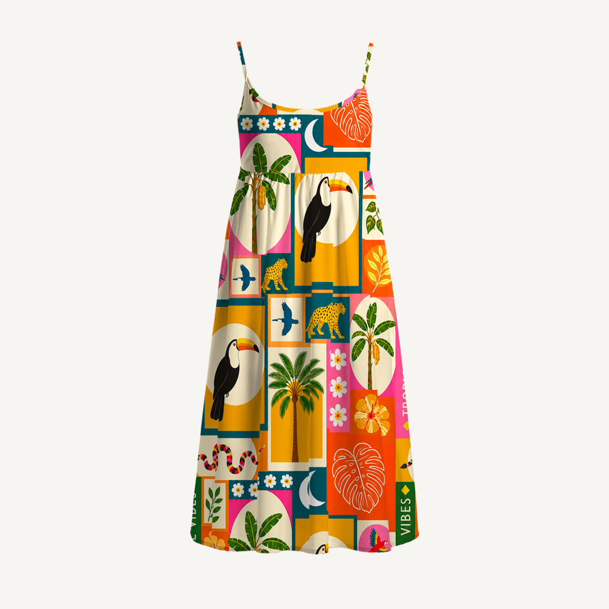 Tropical Patchwork Print Spaghetti Strap Mini Dress