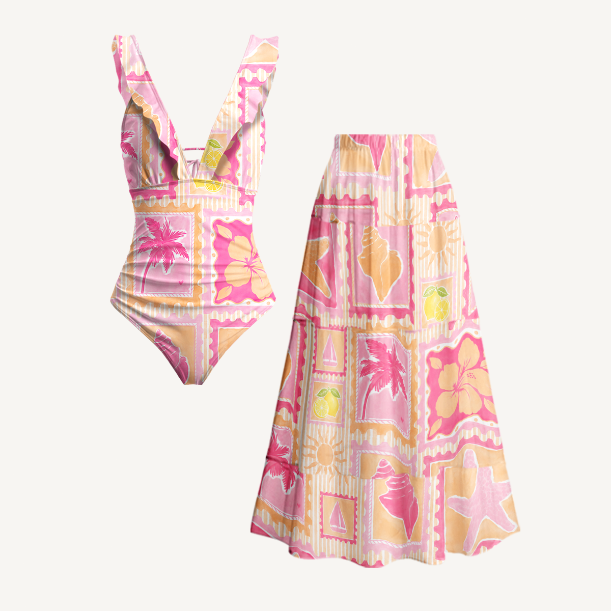 Coral Beach Postcard Ruffled V Neck One Piece Swimsuit and Matching Midi Skirt Set