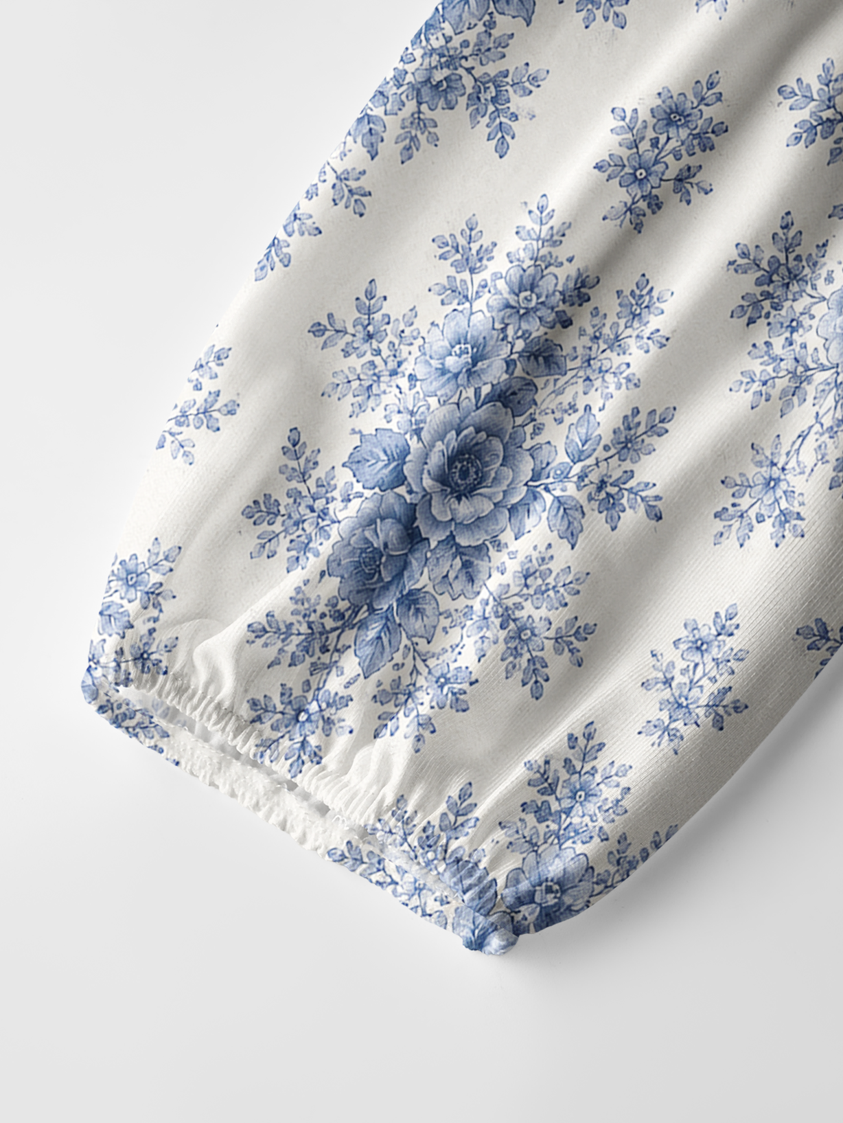 Blue Gingham Rose Toile Boho Long Sleeve Tie‑Neck Blouse