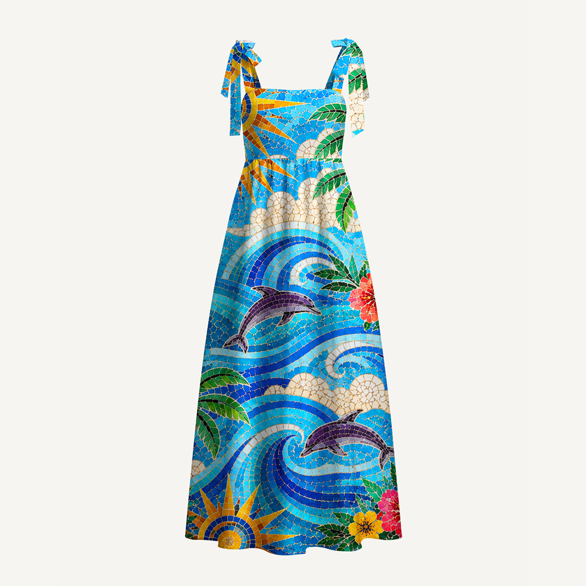 Sunset Mosaic Wave Dolphin Bow Strap Maxi Dress