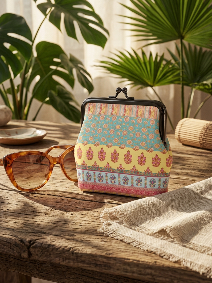 Paisley Inspired Pattern Leather Mini Clasp Purse
