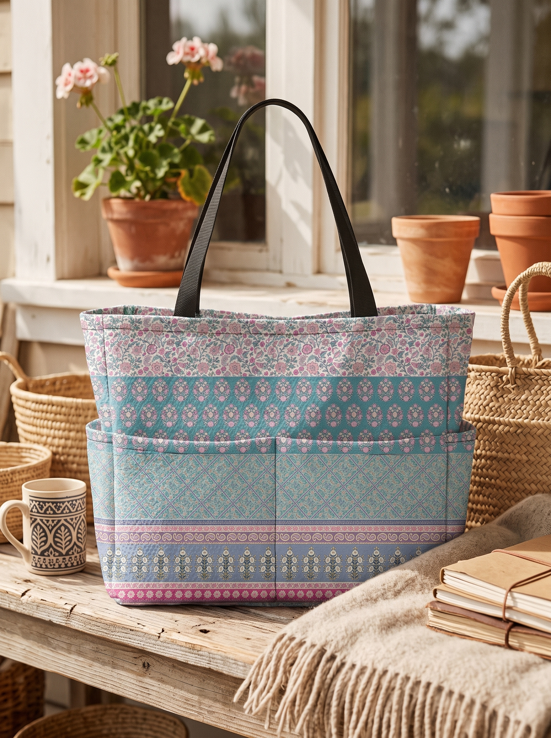 Pink Rose and Geometric Border Tote Bag