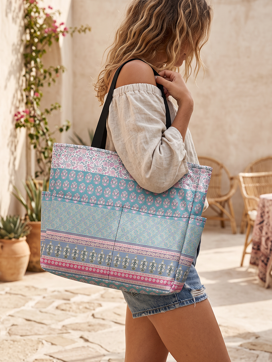 Pink Rose and Geometric Border Tote Bag