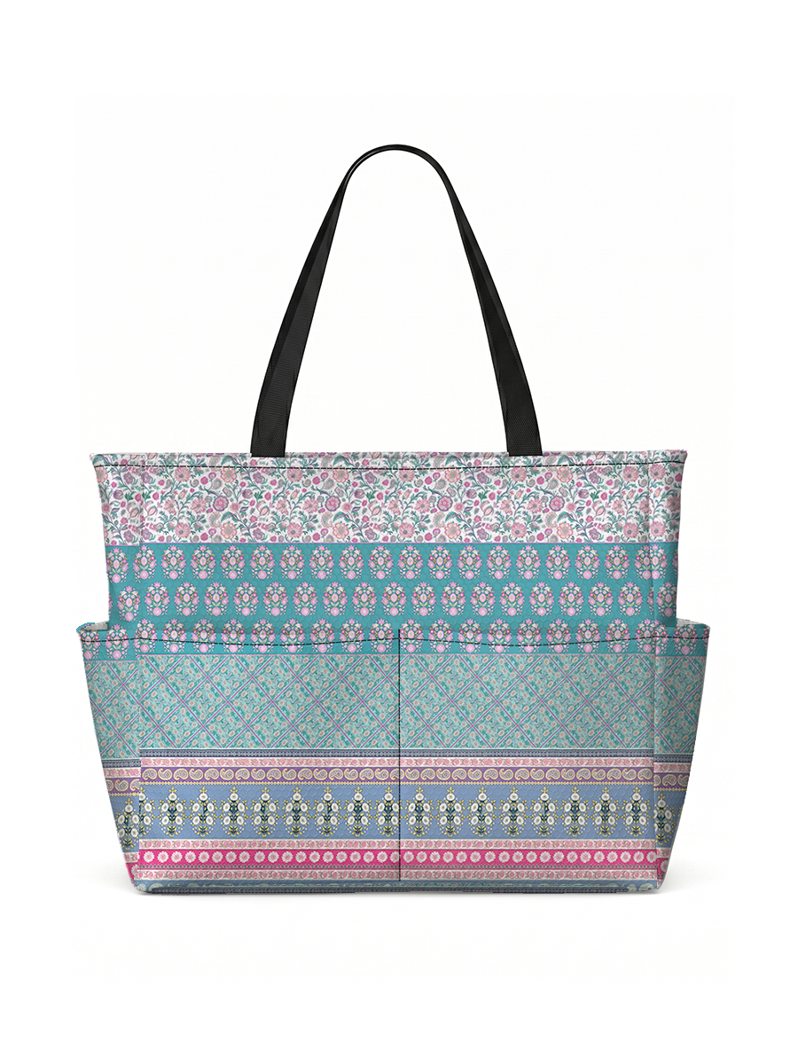 Pink Rose and Geometric Border Tote Bag